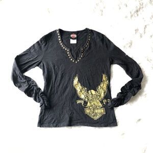 HARLEY‎ DAVIDSON V NECK LONG CINCHED SLEEVE TOP sm